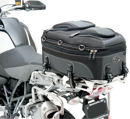 Bill's Exhausts SADDLEMEN Pillion and Rear Rack Luggage Bag on motorcycle seat, durable black leather with straps and buckles.