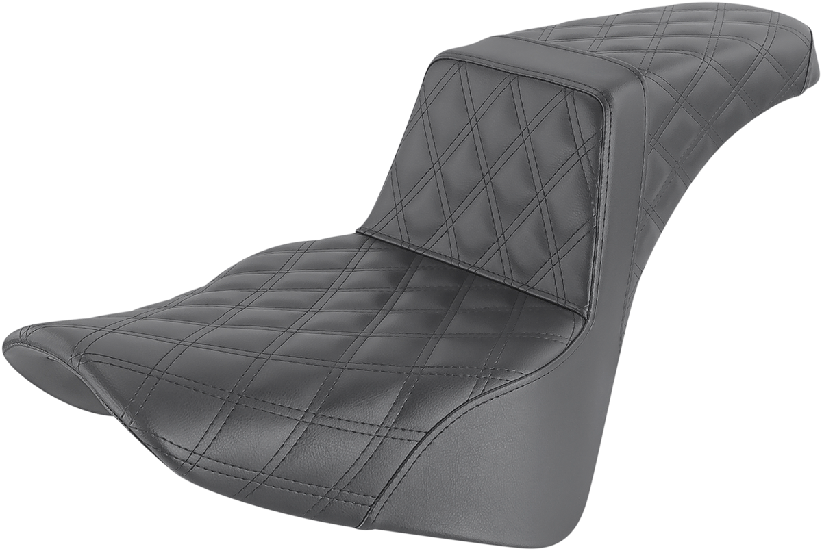 Black Saddlemens Step-Up Seat with full lattice stitch, designed for motorcycles, featuring a sleek, durable seat by Bill's Exhausts.
