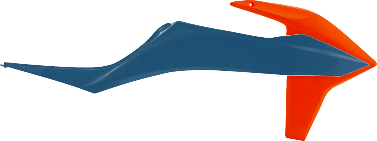 Acerbis radiator shrouds in orange and factory blue, designed for motocross or dirt bike body protection and styling.