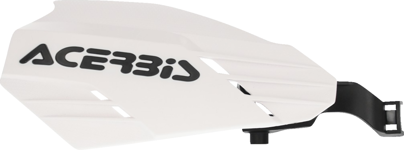 A pair of ACERBIS K-Linear handguards in white and black mounted on a motorcycle handlebar.