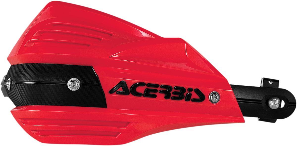 Acerbis X-Factor red motorcycle handguards mounted on handlebars, designed for protection and style during riding.