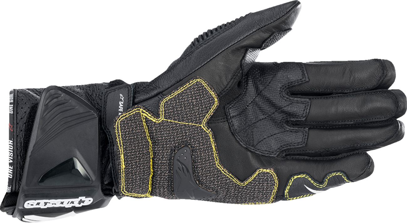 Alpinestars GP Tech V2 S motorcycle gloves in black and white, size 3XL, showing reinforced knuckles and textured palm design.