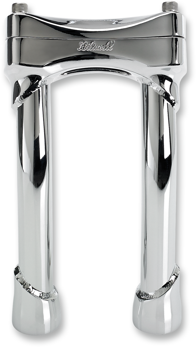 Chrome BILTWELL Risers Murdock Pullback 8-inch handlebars for motorcycles, showcasing shiny, curved handlebar design.
