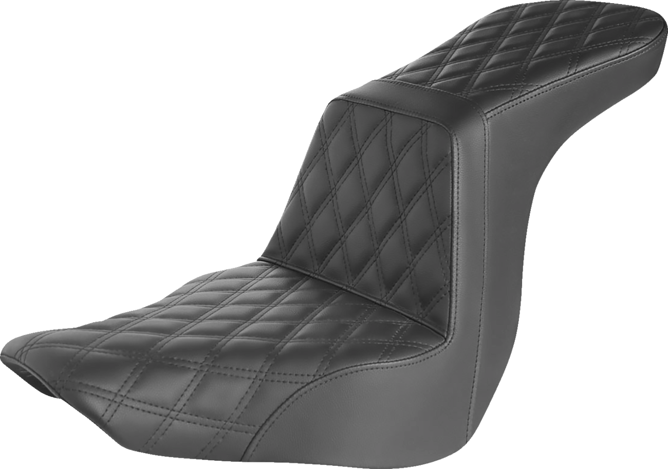 Black SADDLEMEN Step-Up Seat with full lattice stitch detail, designed for motorcycle comfort and style.