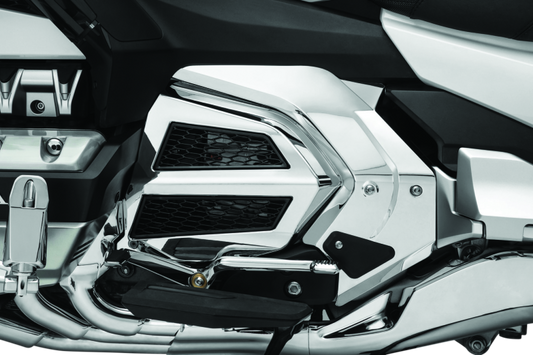 Kuryakyn Omni transmission cover in chrome for Honda Gold Wing GL1800 motorcycle, shiny and detailed metal finish.