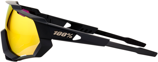Bill's Exhausts 100% Speedtrap sunglasses in black with red accents, featuring sporty design and tinted lenses.
