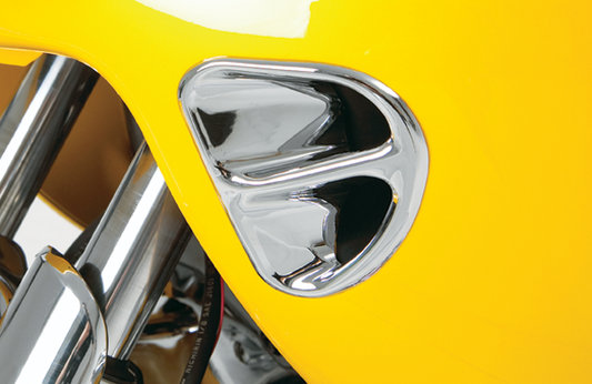 Chrome fairing air intake accent grille for engine, featuring a sleek chrome finish and intricate design by Bill's Exhausts.