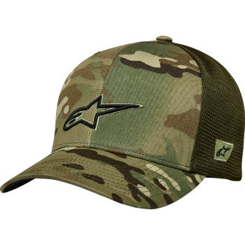 Alpinestars Recon trucker hat in camo green with mesh back, casual style, front logo patch, adjustable fit.