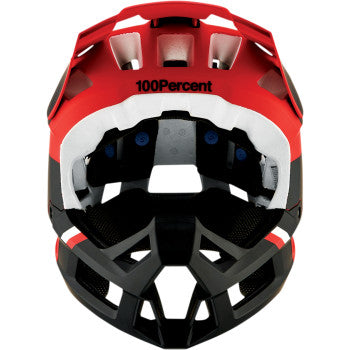 Bright fluo red Bill's Exhausts Trajecta bicycle helmet with Fidlock buckle, cargo design, size XL, shown from side view.