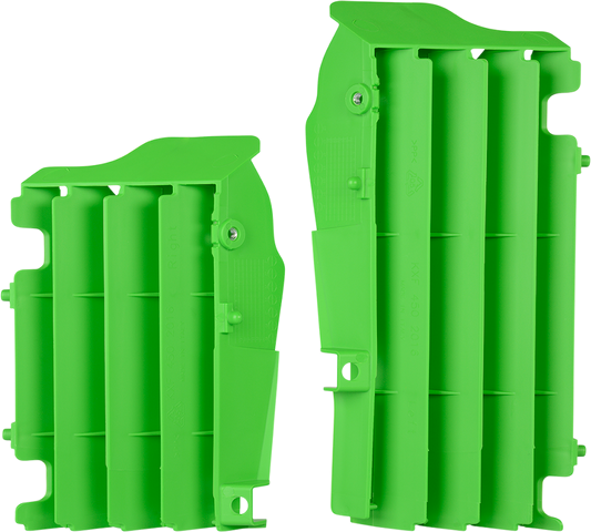Green ACERBIS radiator louvers for Kawasaki motorcycle, body parts designed for airflow and protection.