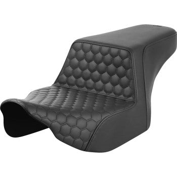 SADDLEMEN Step-Up Seat for FL motorcycles, front view with black stitching and honeycomb pattern, model 823-07-17700.