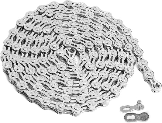 Hycline bicycle chain for 6/7/8-speed bikes, 1/2x3/32 inch, 116 links, metal bike chain with silver finish.