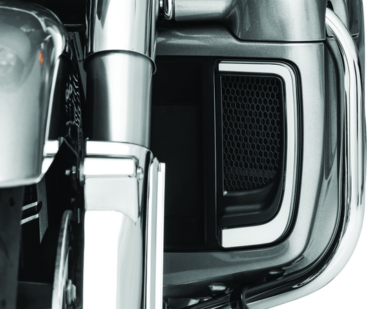 Kuryakyn Tracer Lower Fairing Grill in black for Harley Davidson touring models, showing the sleek front view of the motorcycle accessory.