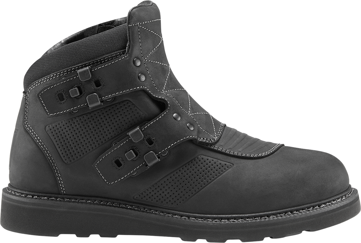 Black ICON El Bajo2 Boots by Bill's Exhausts, US 13, shown from the front with ankle height and sleek leather design.