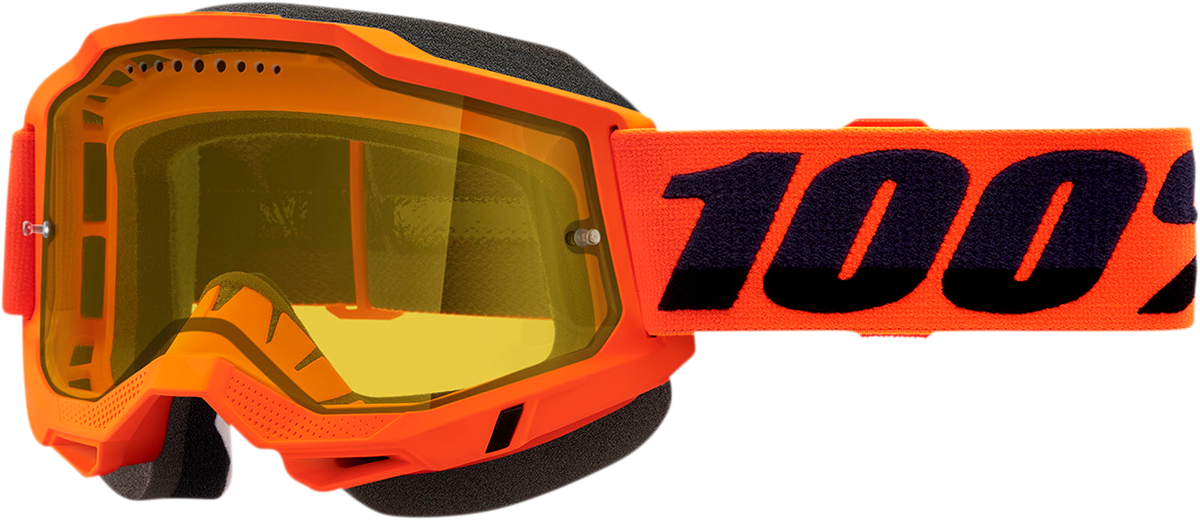 Bill's Exhausts 100% Accuri 2 snow goggles in neon orange and yellow with tinted lenses for winter sports protection.