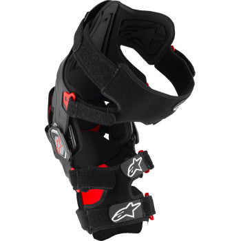 Alpinestars RK-7 Plasma Knee Braces in black and red, small size, showing adjustable straps and protective knee support.