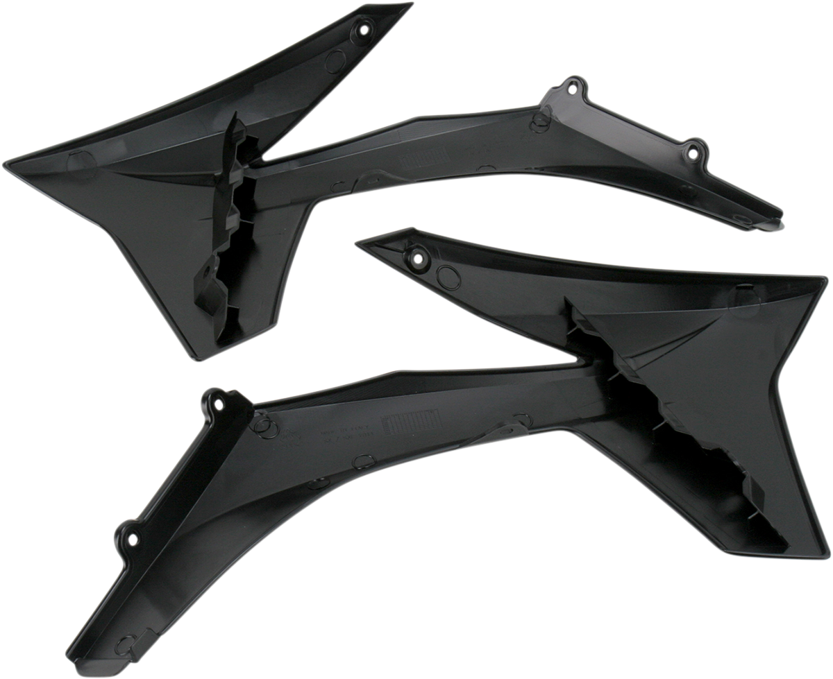Acerbis black radiator shrouds for motorcycle body protection, featuring sleek black design and detailed mounting points.