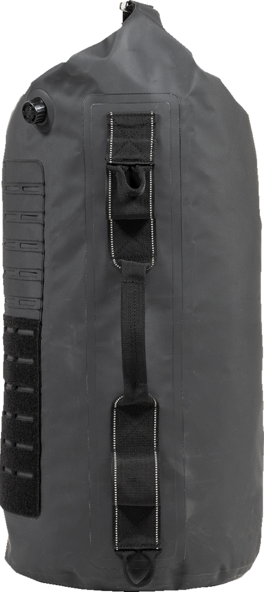 Black Biltwell Exfil-65 Dry Bag Gen 2, durable waterproof bag with roll-top closure, designed for outdoor and motorcycle use.