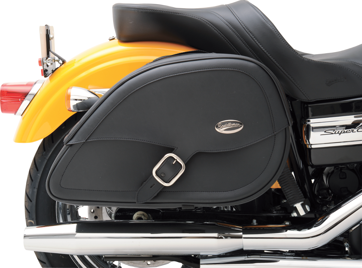 Bill's Exhausts Saddlemens teardrop saddlebag for Softail motorcycles, durable soft leather with classic design.