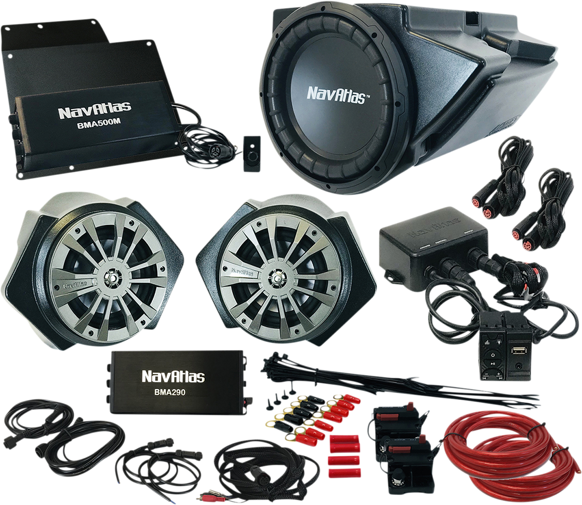 Bill's Exhausts NAVATLAS Audio Kit Zone 3 Turbo RZR4ZONE3 speakers installed in a vehicle for enhanced sound.