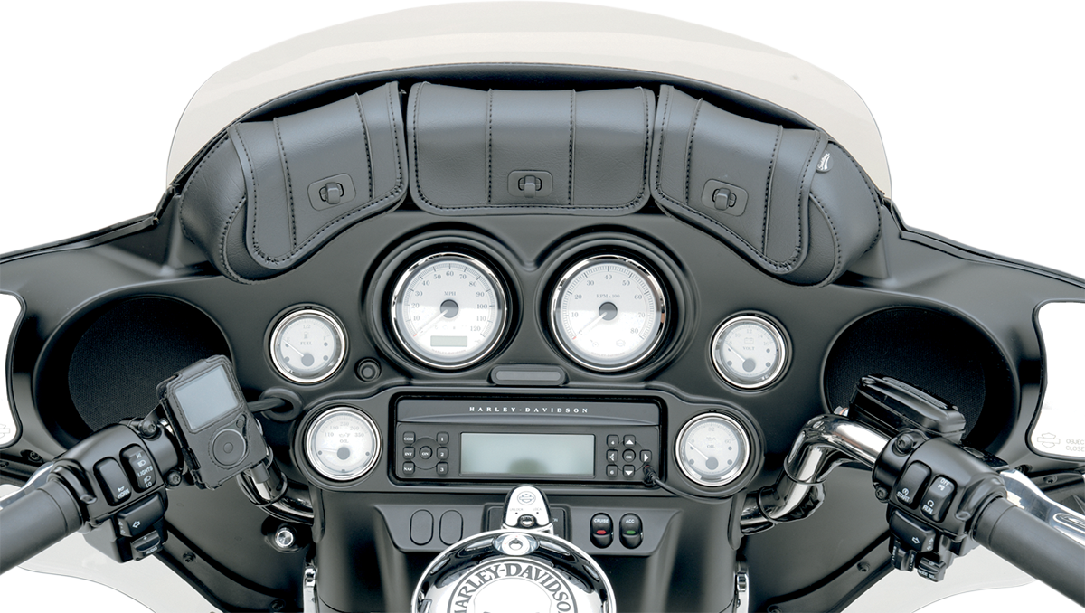 Bill's Exhausts SADDLEMEN Windshield Bag for FLH motorcycle seats, shown attached to a bike windshield.