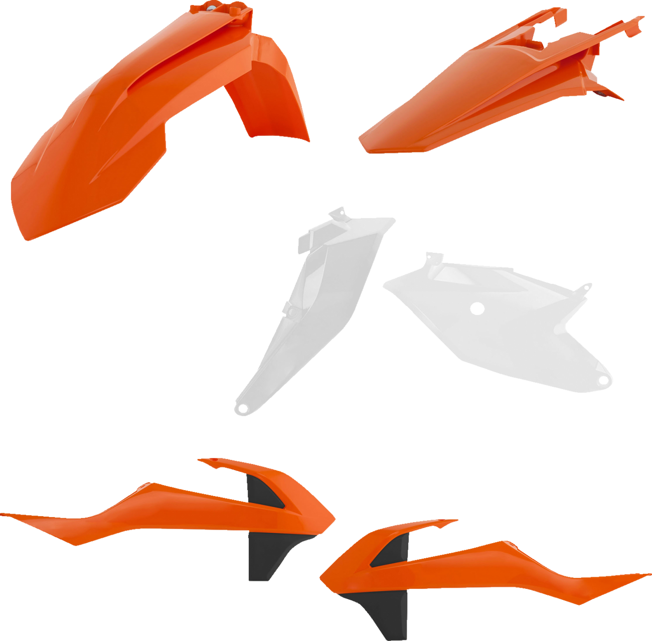 Acerbis full replacement motorcycle body kit in orange, white, and black for OEM '23 model, featuring sleek design and brand branding.