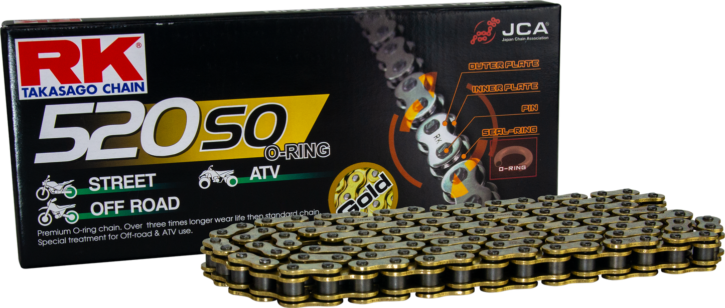 RK EXCEL GB520SO motorcycle drive chain with 120 links, designed for 520-series bikes, featuring durable steel links.