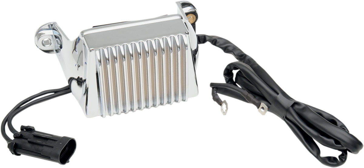 Chrome voltage regulator for 2002-2003 FL Harley-Davidson models by DRAG SPECIALTIES, detailed with mounting hardware.