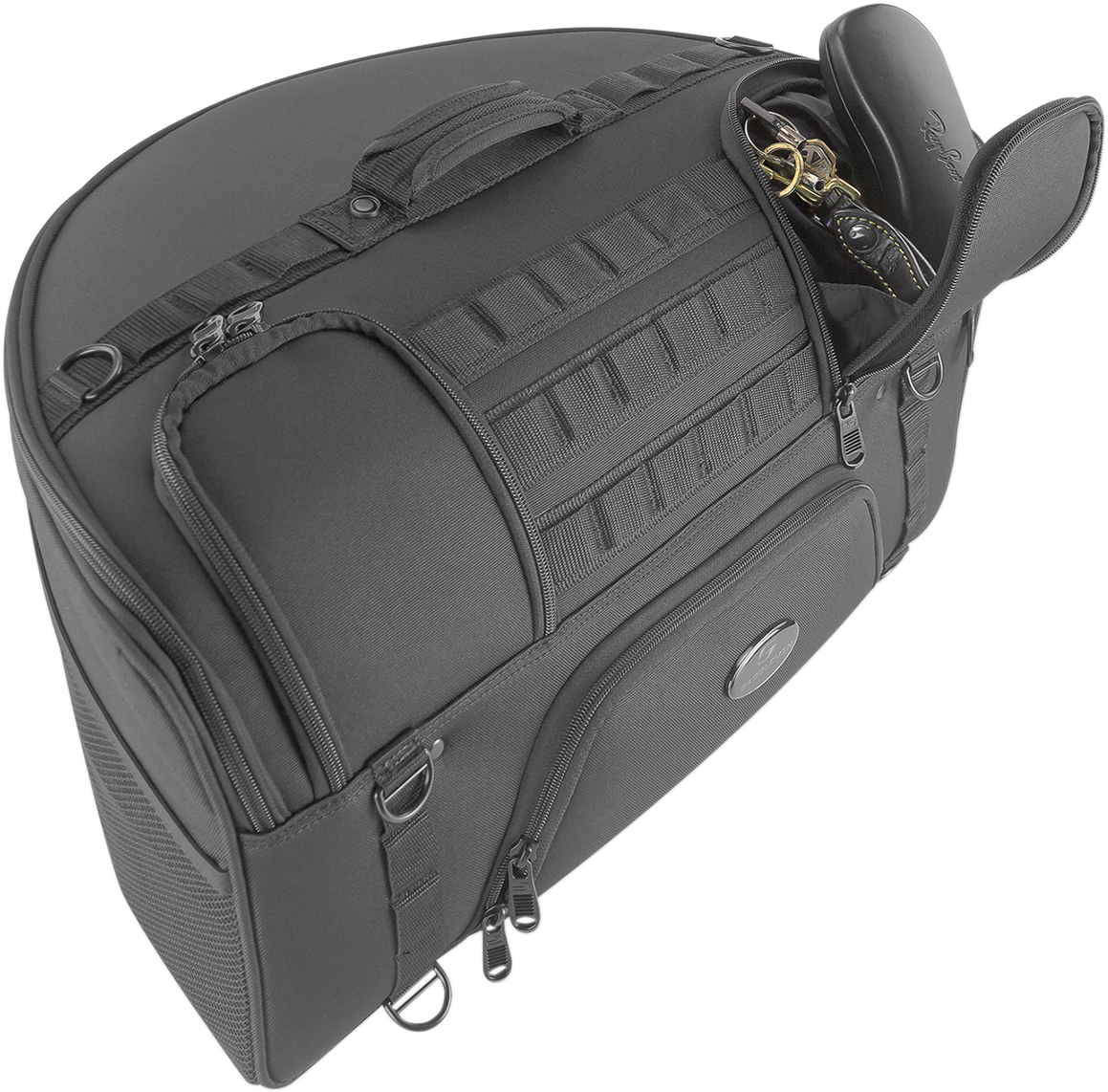Bill's Exhausts SADDLEMEN Tactical Backrest Bag seat for motorcycles, featuring durable material and secure attachment straps.