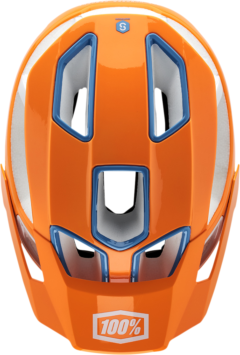 Orange 100% Altec bicycle helmet with Fidlock buckle and CPSC/CE certification, size S/M, featuring a sleek aerodynamic design.