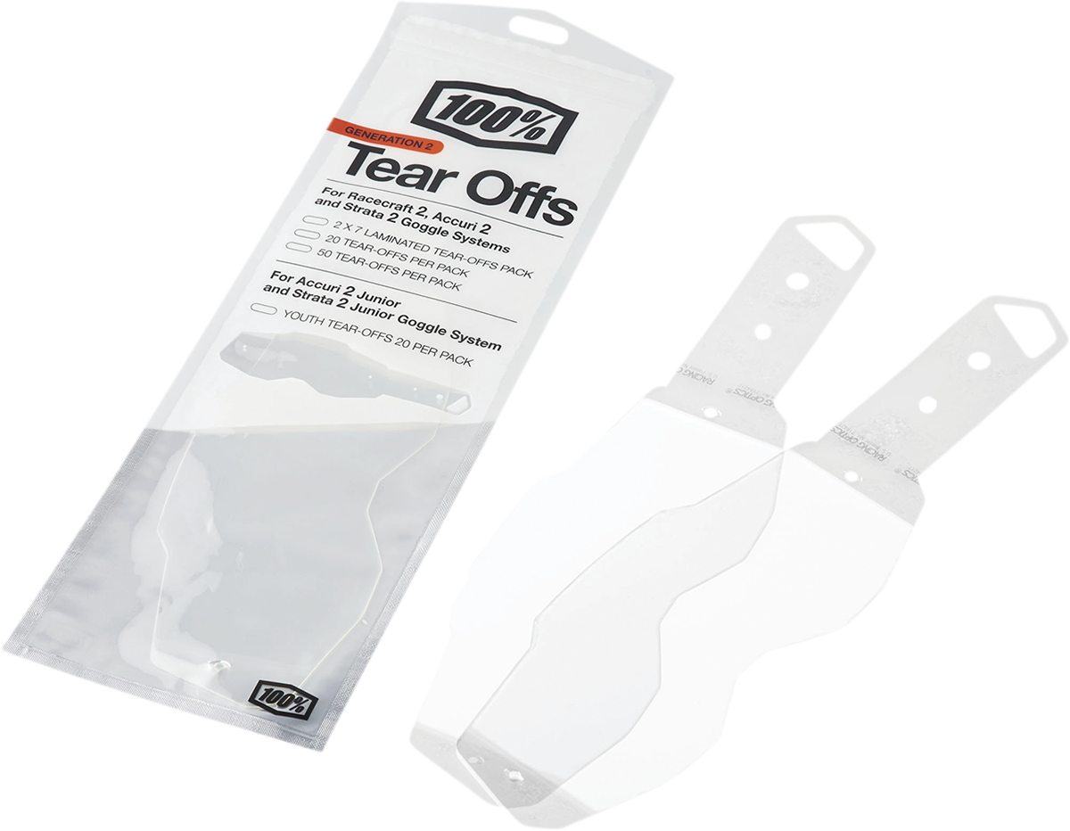 Set of 7 laminated tear-off goggles lenses for Accuri 2, Racecraft 2, and Strata 2 by Bill's Exhausts, shown in the image.