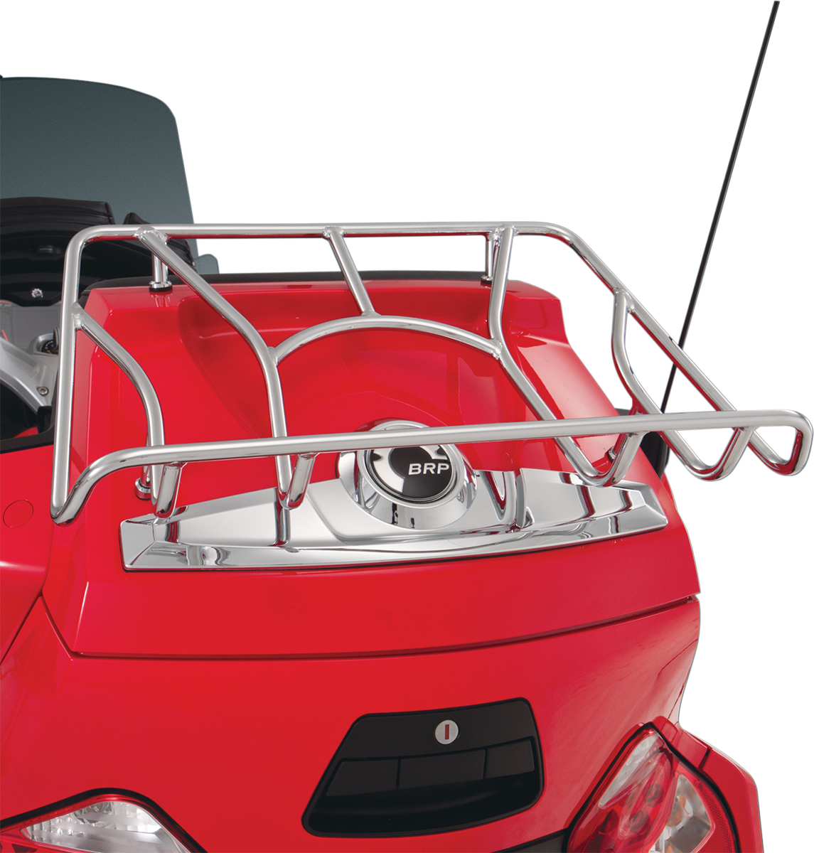 Chrome Show Chrome Tour Trunk Luggage Rack mounted on motorcycle engine, designed for Bill's Exhausts Show Chrome Tour Trunk.