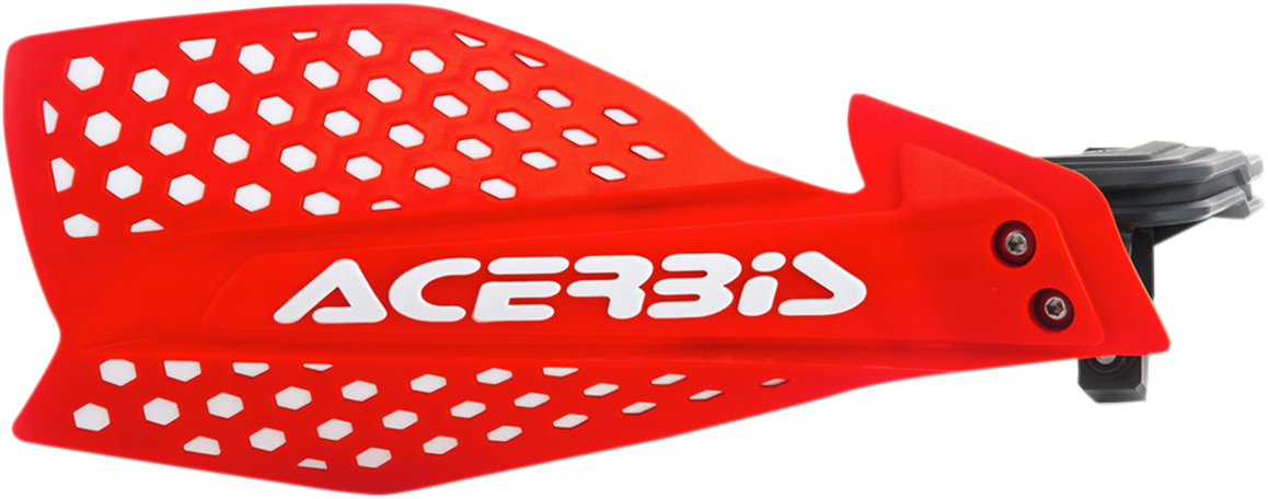 Acerbis X-Ultimate red and white motorcycle handguards with black mounting brackets designed for off-road riding.