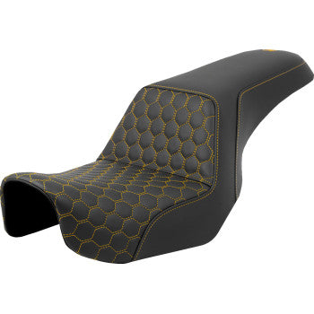 SADDLEMEN Step-Up Seat in honeycomb design with gold stitching for Dyna models 2006-2017, featuring a sleek, padded motorcycle seat.