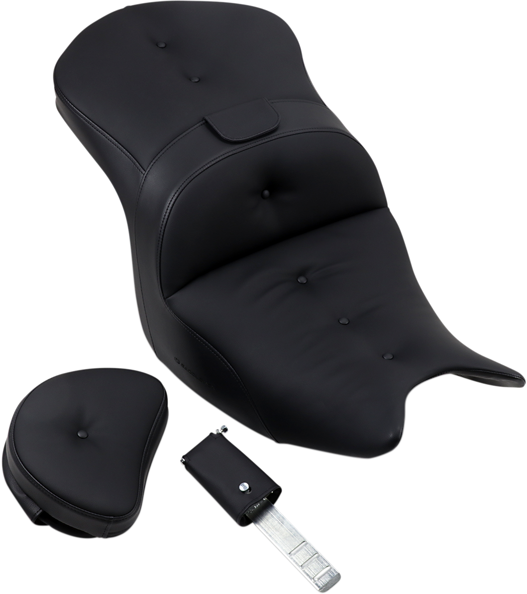 Black Saddlemens Roadsofa seat with backrest and pillow top, designed for comfort and support, shown from a side angle.