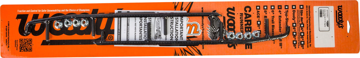 Woodys EAT3-9750 4-inch carbide runner for snowmobiles, showing the durable carbide tip and metal mounting base.