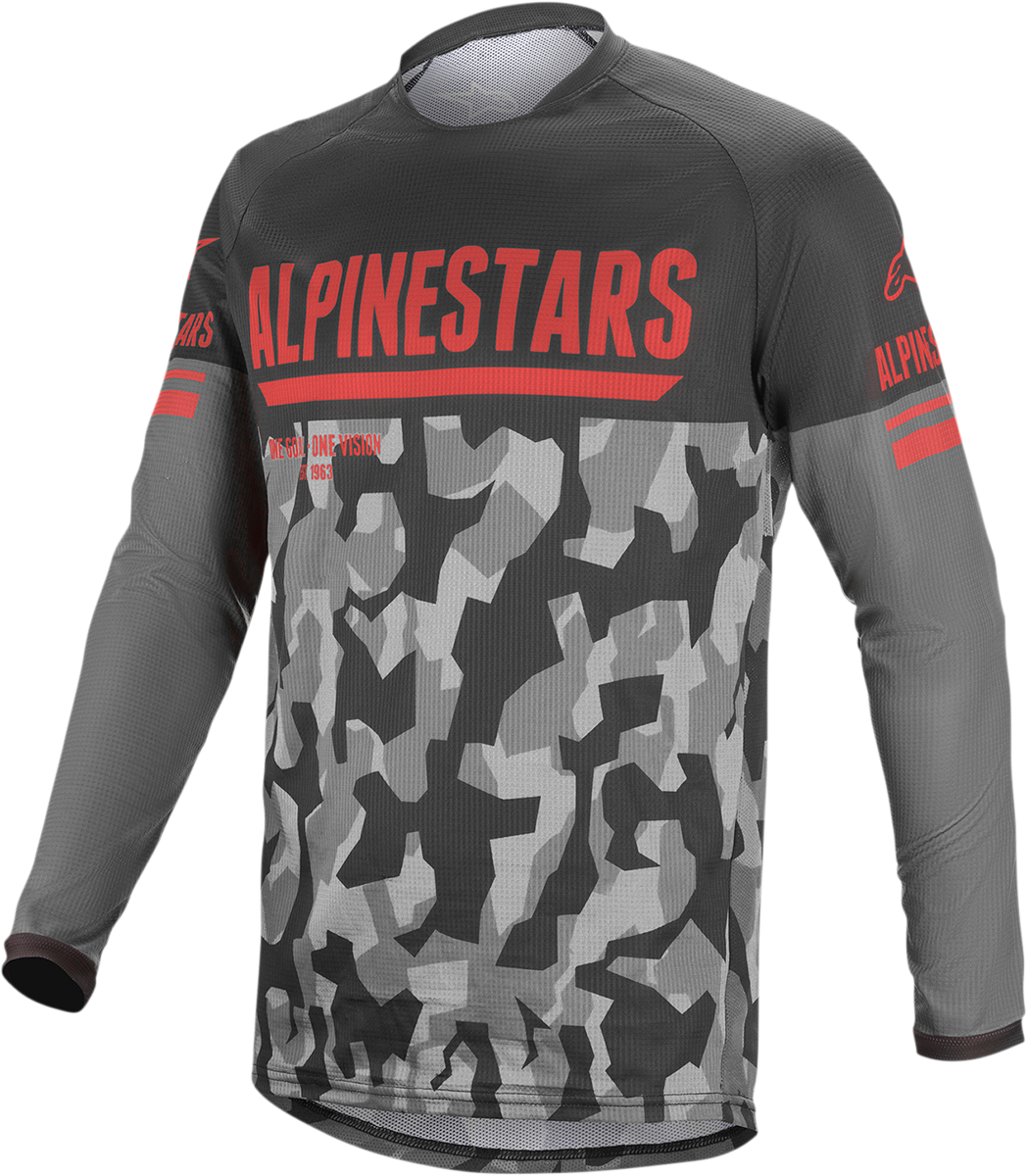 Alpinestars Venture-R motorcycle jersey in camo and red, size large, with breathable fabric and distinctive branding.