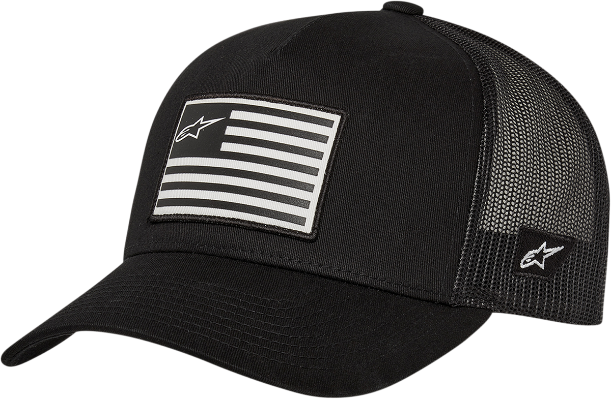 Black Alpinstars Flag Snapback Hat with embroidered logo, adjustable one size fits all, stylish men's accessory