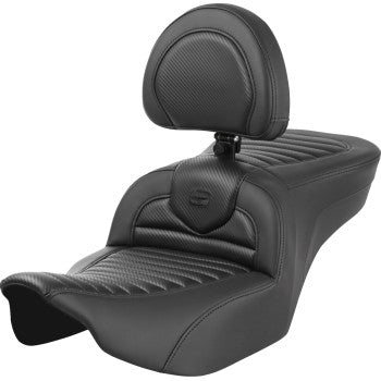 SADDLEMEN Roadsofa™ motorcycle seat with backrest, Tuck-n-Roll design, carbon fiber finish, for FLTR/FLHX 2023-2024 models.