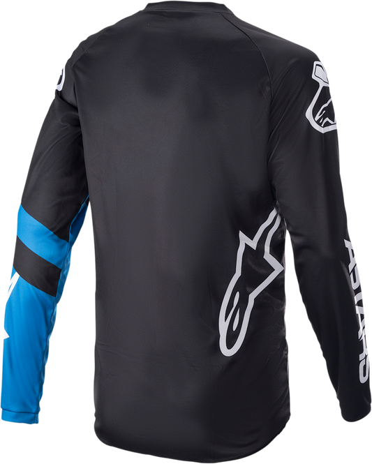 Alpinestars Racer V3 long-sleeve motorcycle jersey in black and bright blue, medium size, featuring lightweight, breathable fabric.