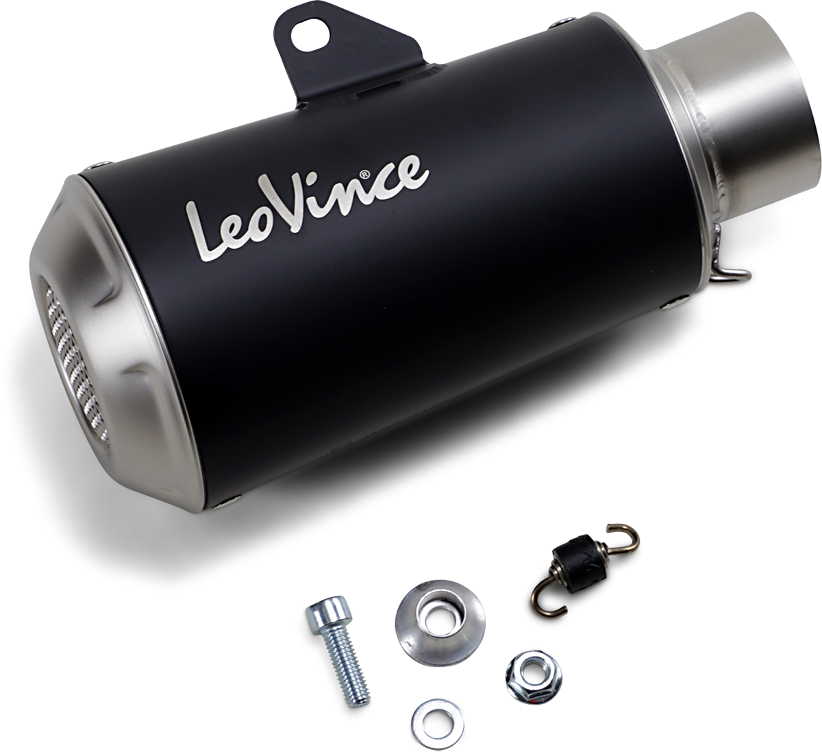 Black LEOVINCE 54mm LV-10 slip-on muffler for motorcycles, universal fit, shown in close-up view with branding details.