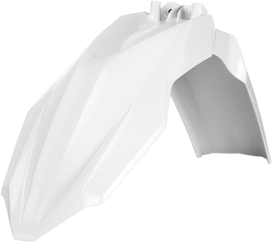 A white Acerbis front fender for motorcycles, designed as a durable body part for bike protection and style.