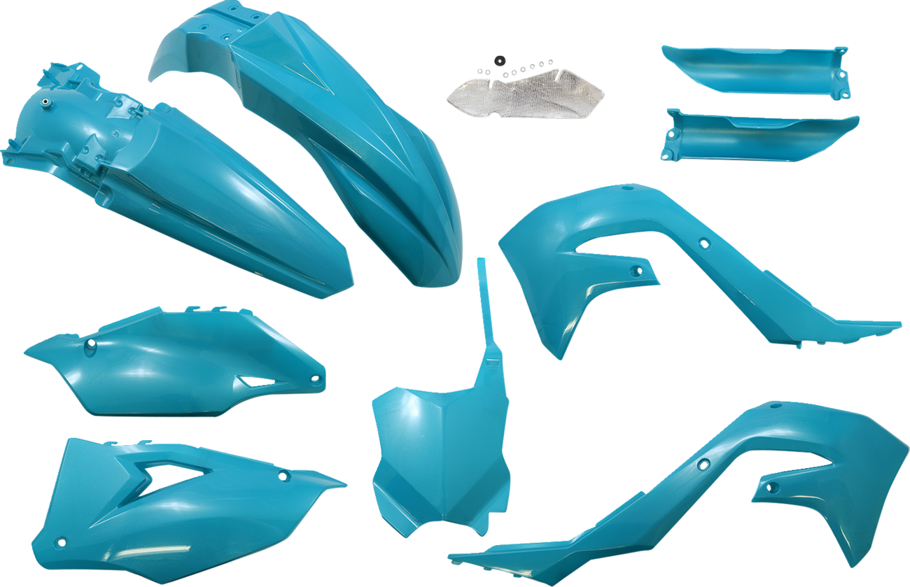 A teal and metallic Acerbis full replacement body kit for motorcycles, featuring sleek, custom-fitted body panels with a glossy finish.