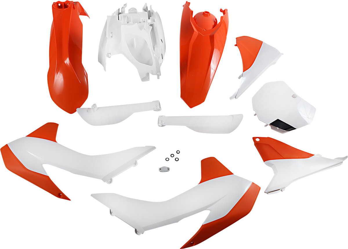 A red, white, and black Acerbis full replacement body kit for motorcycle, featuring sleek body panels and aerodynamic design.