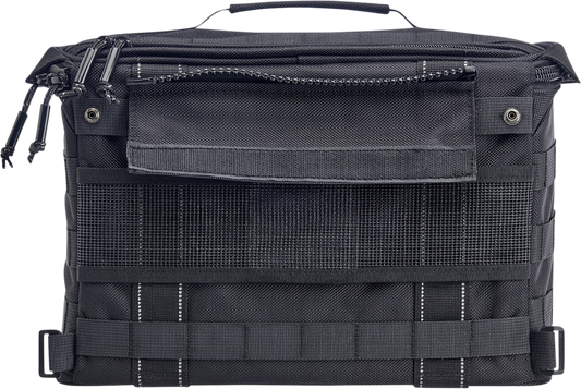 Black BILT WELL EXFIL-18 Saddlebags bag mounted on motorcycle with metal buckles and stitching details