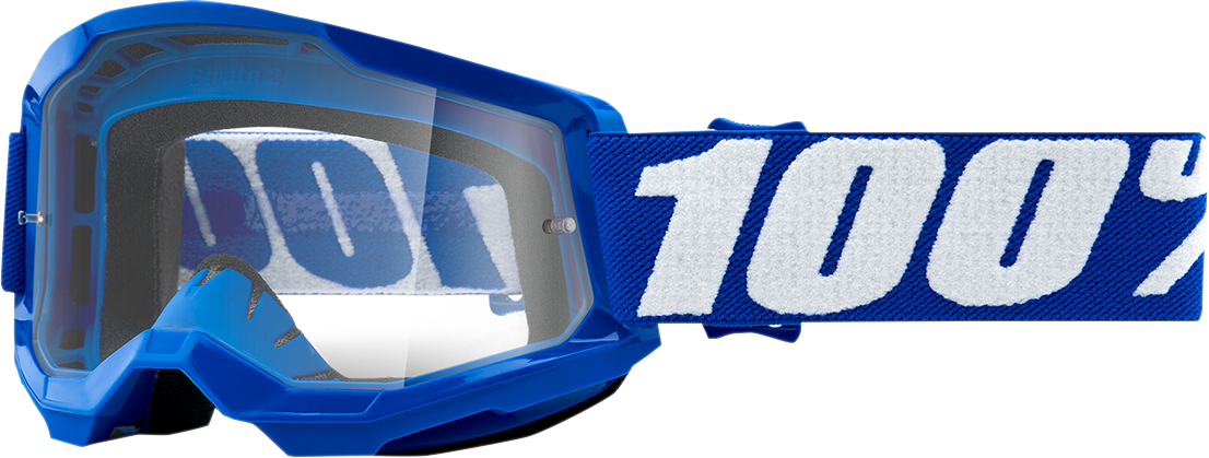 Bill's Exhausts 100% Youth Strata 2 goggles in blue with clear lenses, featuring a sleek, sporty design for youth protection.