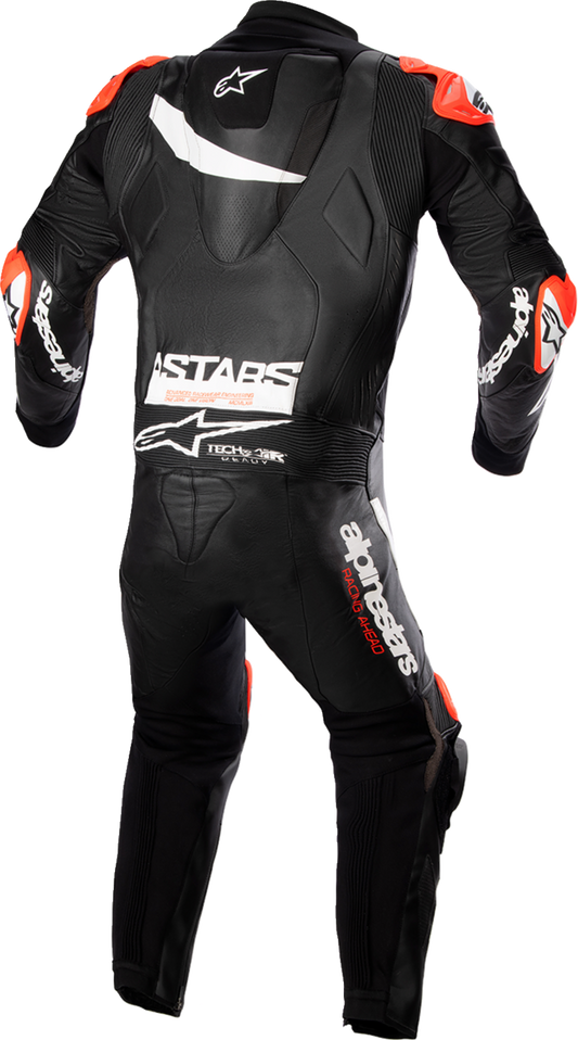 Black and white ALPINESTARS GP Plus v4 leather suit for motorcycling, size US 38 / EU 48, with detailed stitching and armor.