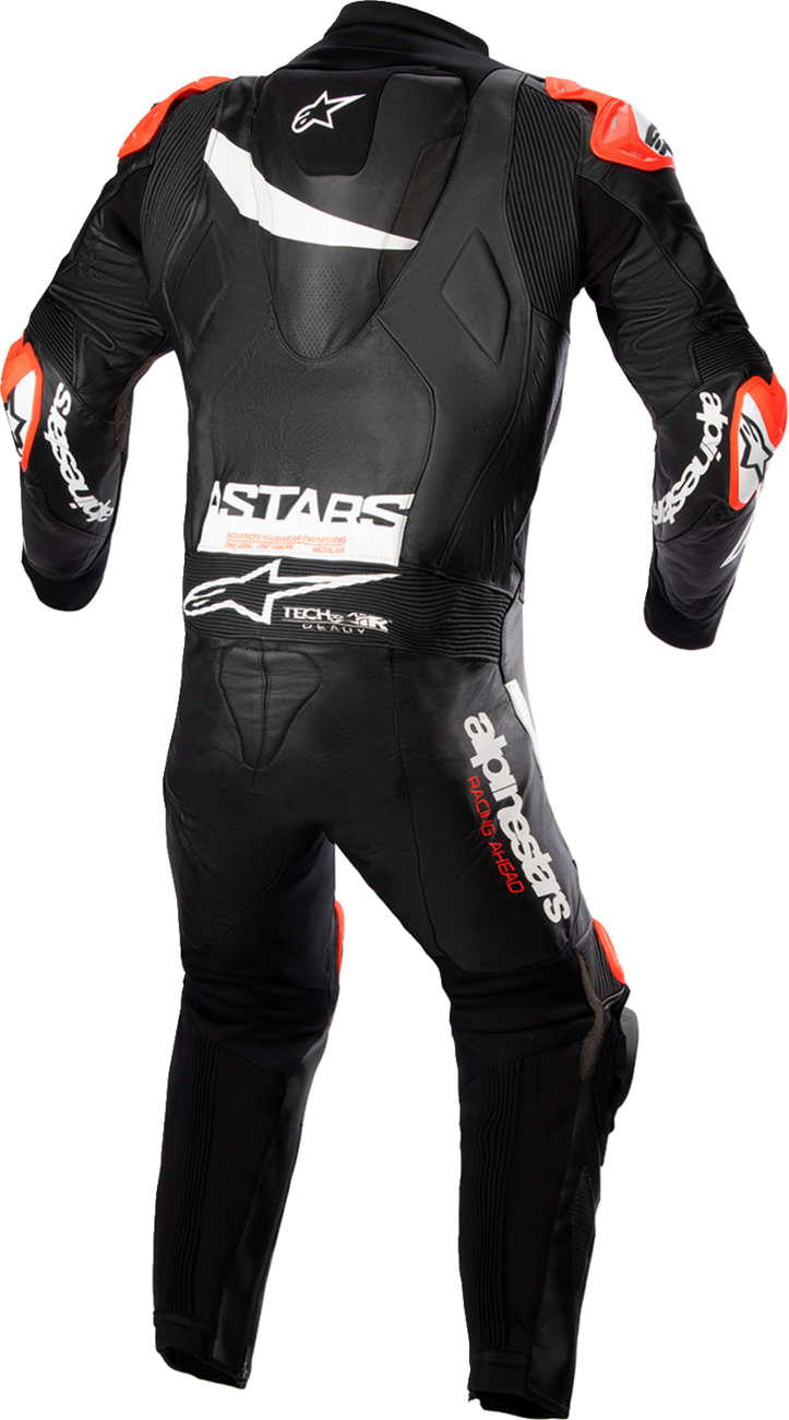 Alpinestars GP Plus v4 black and white leather motorcycle suit, US 44 / EU 54, with detailed stitching and armor panels.