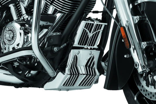 Kuryakyn Chrome Chin Fairing for Indian Motorcycles, part #5664, with sleek chrome finish and detailed design.
