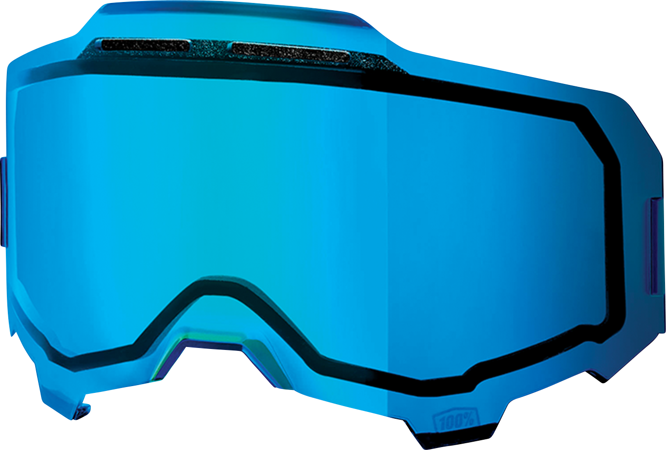 Bill's Exhausts 100% Armega Blue Mirror Lens with reflective blue coating, showcasing the sleek, curved design of the motorcycle lens.
